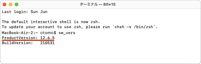 下図の通りバージョン情報が表示されます。