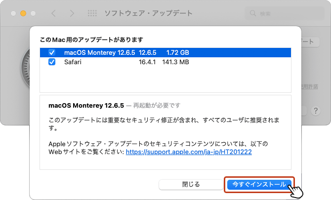 アップデートの項目が一覧表示されます。「今すぐインストール」ボタンをクリック。