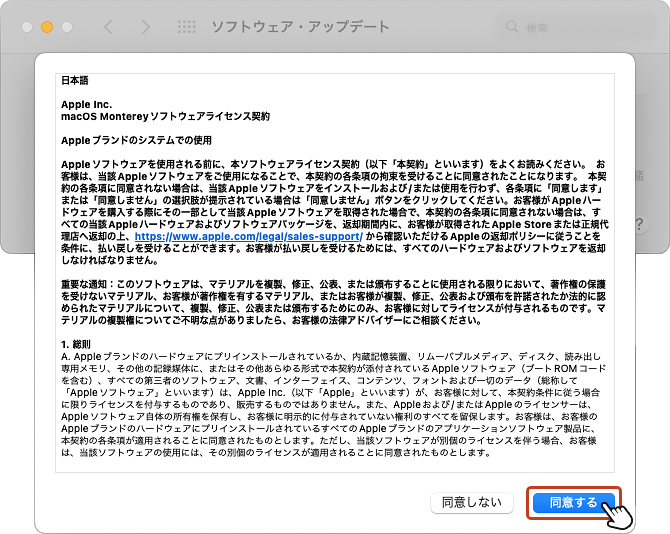 インストール開始前に同意画面が表示されます。簡単に内容を確認して「同意する」ボタンをクリック。