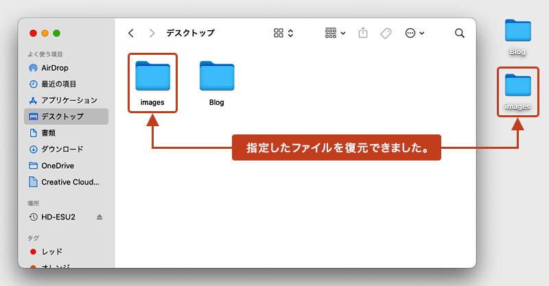 デスクトップ上に指定したファイルのみを復元することができました。