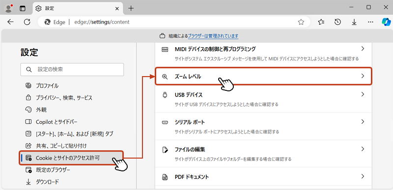 左メニューの「Cookieとサイトのアクセス許可」を選択して「ズーム レベル」をクリック。