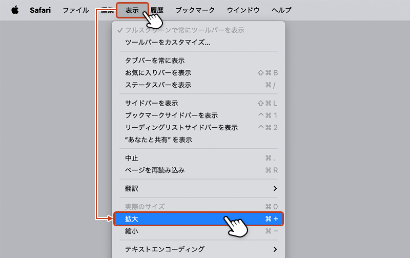 ツールバーの「表示」メニューから「拡大」を選択している画像