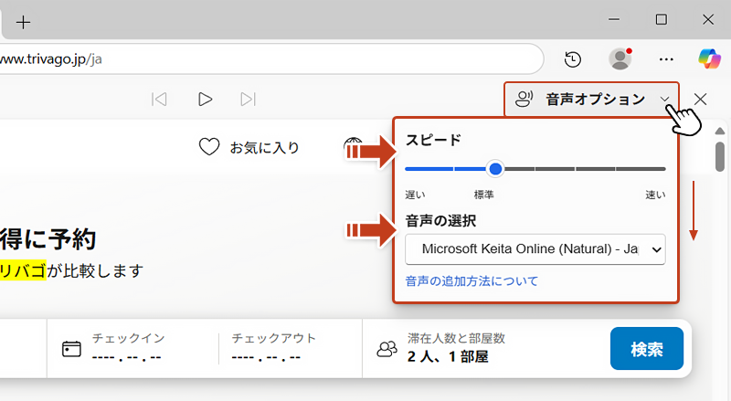 音声オプションをクリックしてメニューを開くと「読み上げスピード」や「音声の種類」を変更することができます。