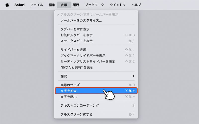 表示項目が切り替わっている状態で「文字を拡大」をクリックしている画像