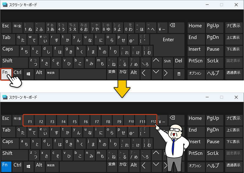 初期状態では、Fキー（F1～F12）が表示されていません。
Fキーを使用する場合、「Fn（ファンクションキー）」をクリックするとFキーが表示されます。