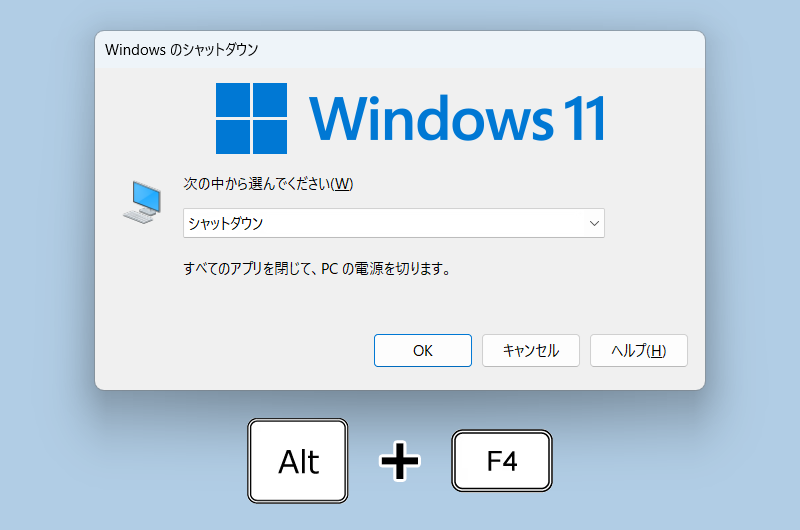 Altキーを押しながらF4キーを押して開かれた、Windowsのシャットダウンのウィンドウ画面