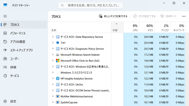 タスクマネージャーが起動している画面