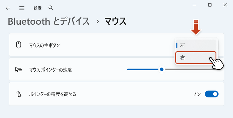 マウスの主ボタンのプルダウンメニューから「右」を選択している画像