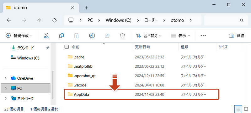 隠しファイルを表示状態にした時のユーザー名フォルダ内の画像