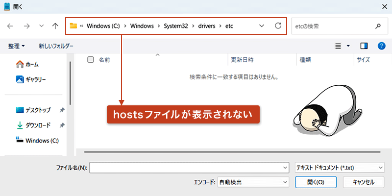 Windows11のファイル選択画面で hosts ファイルが非表示の場合に『すべてのファイル』を選択して表示させる方法を示す画面