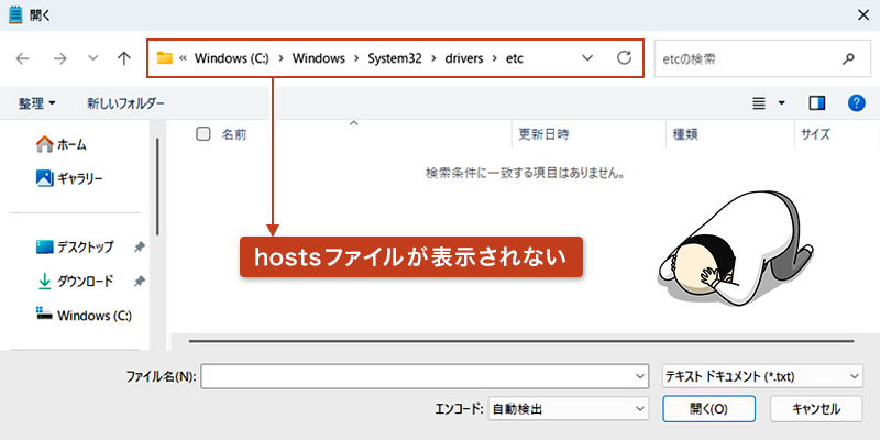 ファイル選択画面で hosts ファイルが非表示になっている時の画面
