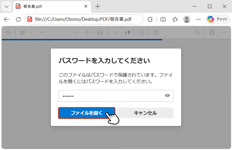 パスワードを入力し、ファイルを開くボタンをクリックしている画面